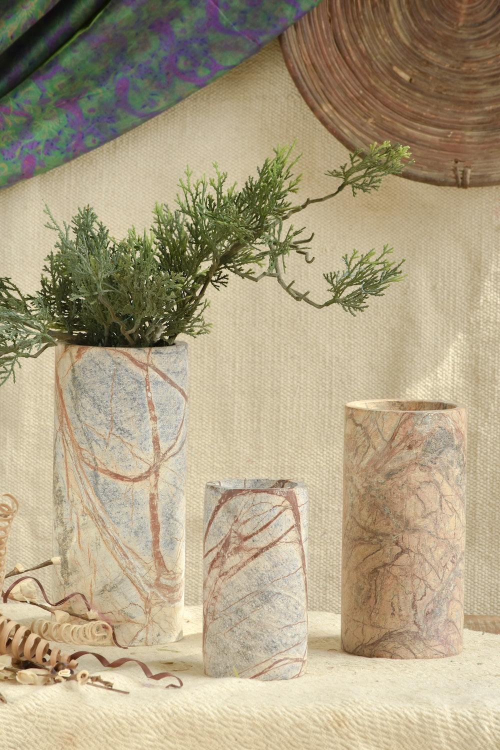 Ekaurr Set of 3 Multi-Purpose Forest Stone Jars in rich brown natural stone with unique veining in small, medium and large sizes, versatile as planters, pen stands or home organizers