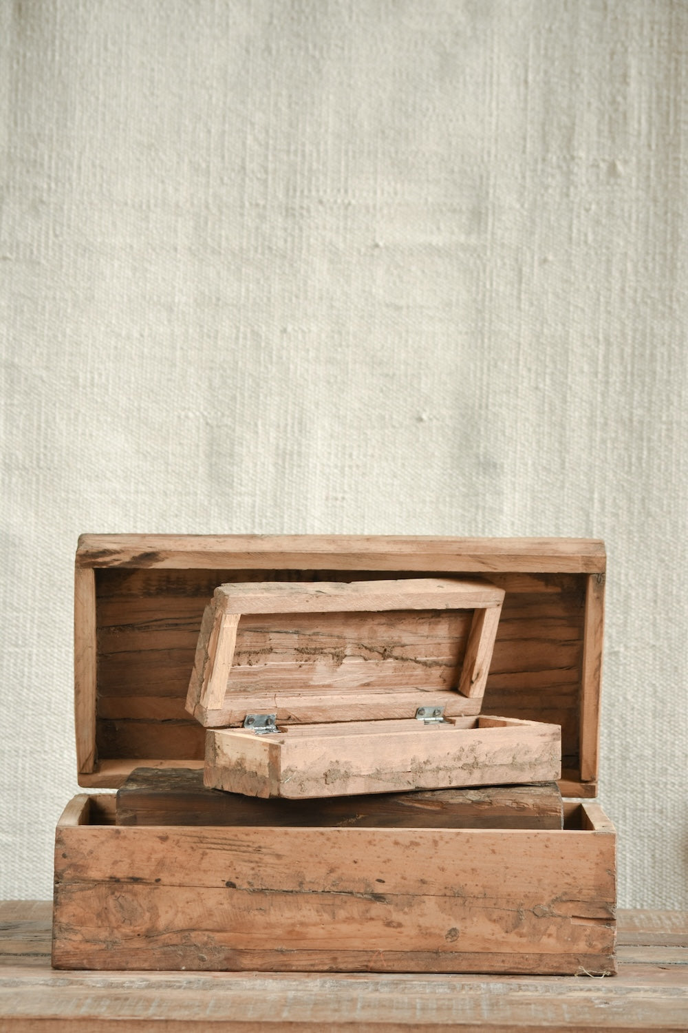 Ekaurr Set of 3 Wooden Boxes styled on a console as decorative storage, showing warm natural wood tones and artisan craftsmanship