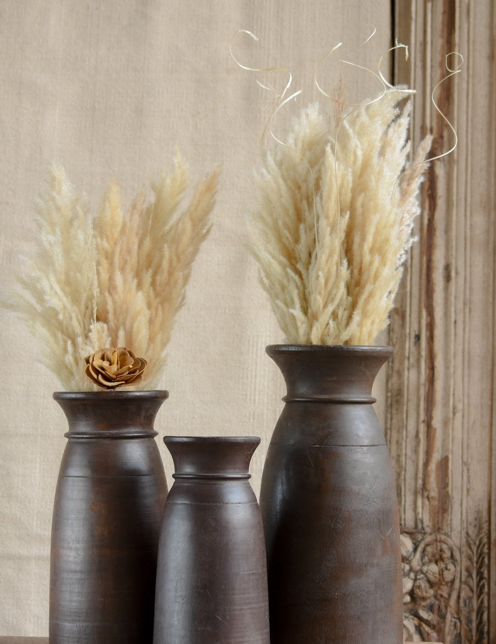 Ekaurr Set of 3 Reclaimed Wood Pots – graduated sizes in warm brown finish, handcrafted sustainable planters for dried flowers, bamboo, or home display