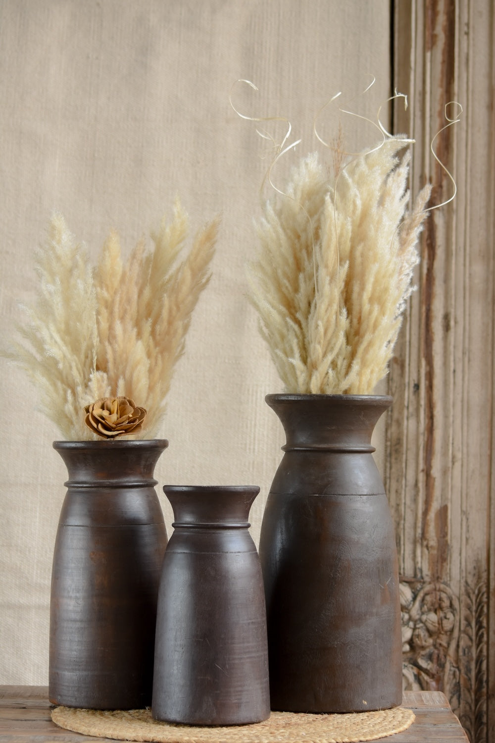 Ekaurr Set of 3 Reclaimed Wood Pots – graduated sizes in warm brown finish, handcrafted sustainable planters for dried flowers, bamboo, or home display