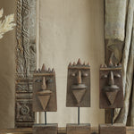 Ekaurr Set of 3 Reclaimed Wood Tribal Faces Decor hand-carved abstract tribal face forms from aged reclaimed wood in three sizes, rustic artisan wall or shelf accent set
