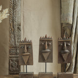 Ekaurr Set of 3 Reclaimed Wood Tribal Faces Decor hand-carved abstract tribal face forms from aged reclaimed wood in three sizes, rustic artisan wall or shelf accent set