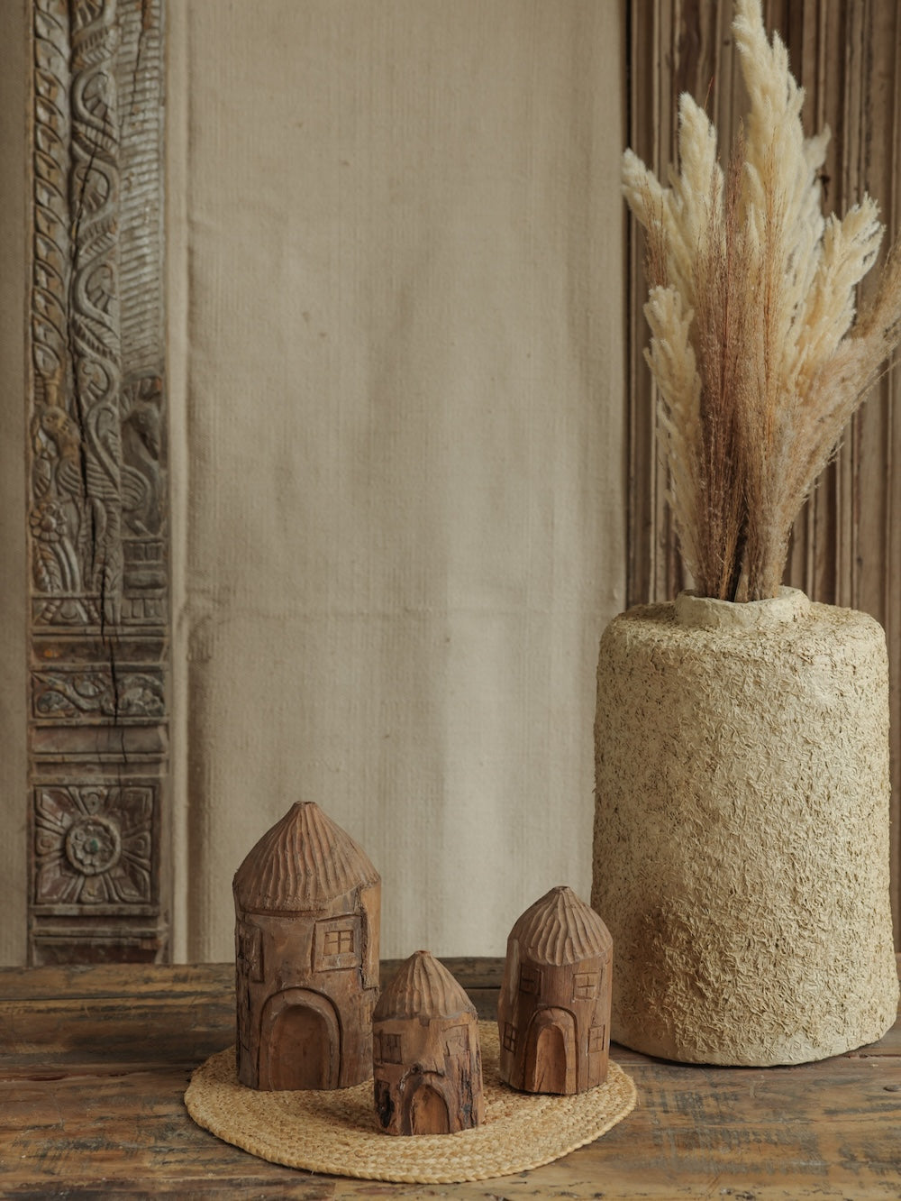 Ekaurr Set of 3 Wooden Hut Decor handcrafted miniature reclaimed wood hut figurines in three sizes, rustic village-inspired artisan accent set for shelves consoles and earthy home styling