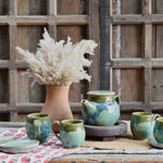 Ekaurr Set of 4 Cups 4 Saucers and 1 Kettle handmade ceramic tea service in coordinated organic glaze, complete artisan kitchen set for daily tea rituals gifting and mindful table styling