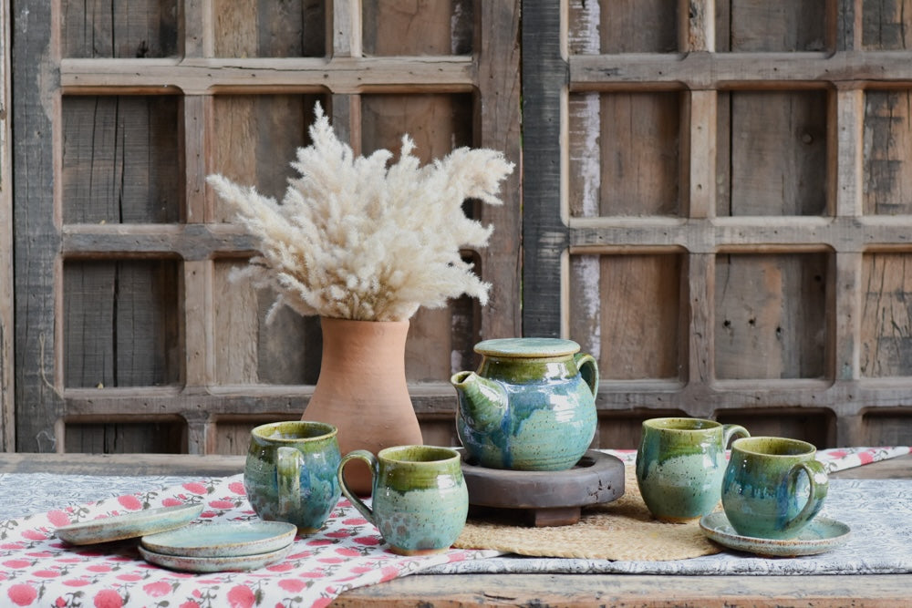 Ekaurr Set of 4 Cups 4 Saucers and 1 Kettle handmade ceramic tea service in coordinated organic glaze, complete artisan kitchen set for daily tea rituals gifting and mindful table styling