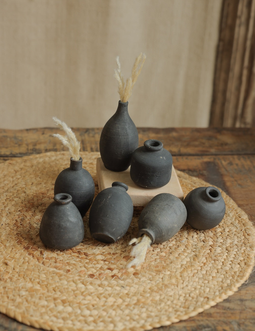 Ekaurr Set of 5 Terracotta Miniature Pots in Black Finish handmade small planters by rural Indian women artisans for tabletop display