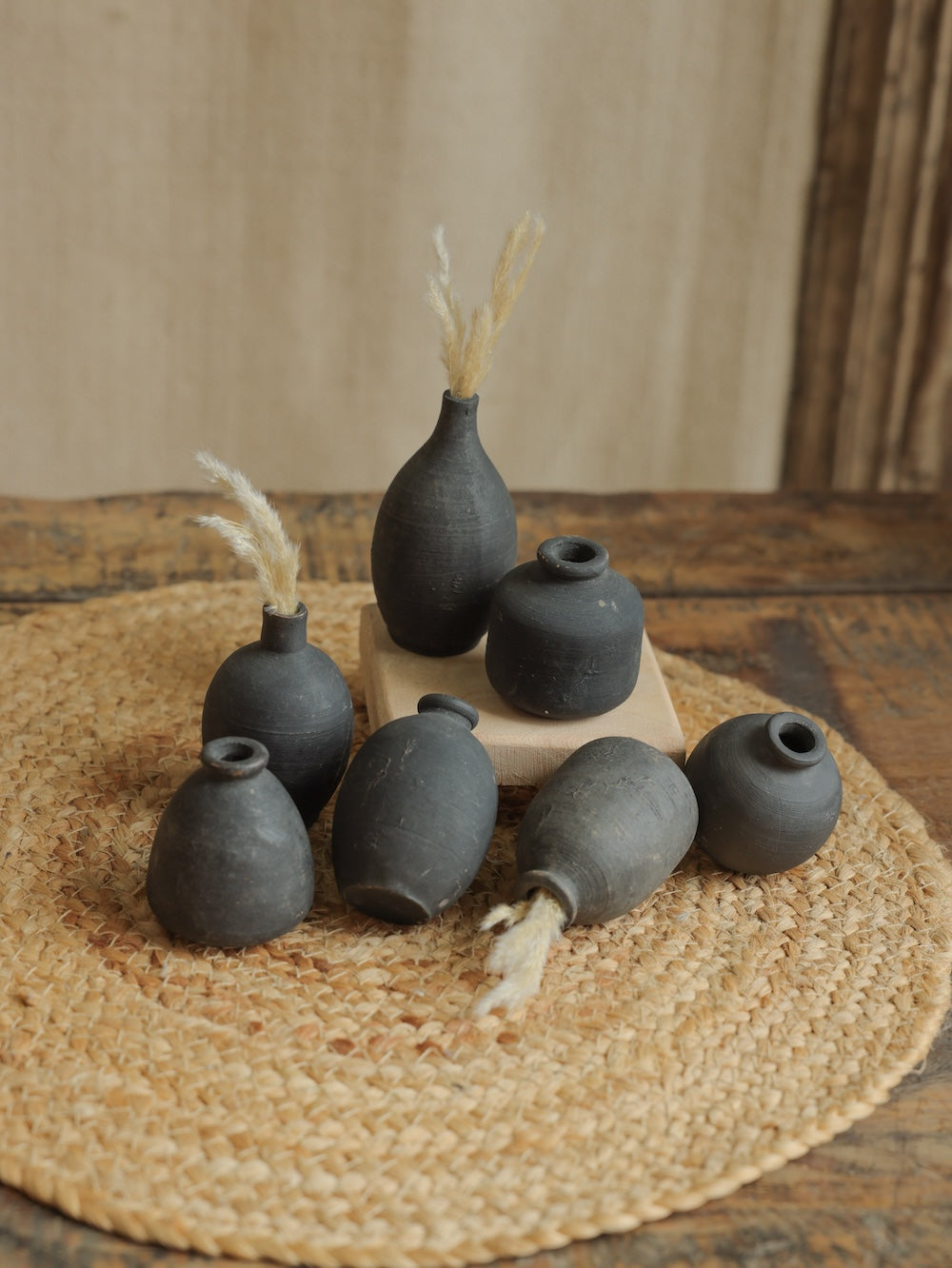 Ekaurr Set of 5 Terracotta Miniature Pots in Black Finish handmade small planters by rural Indian women artisans for tabletop display