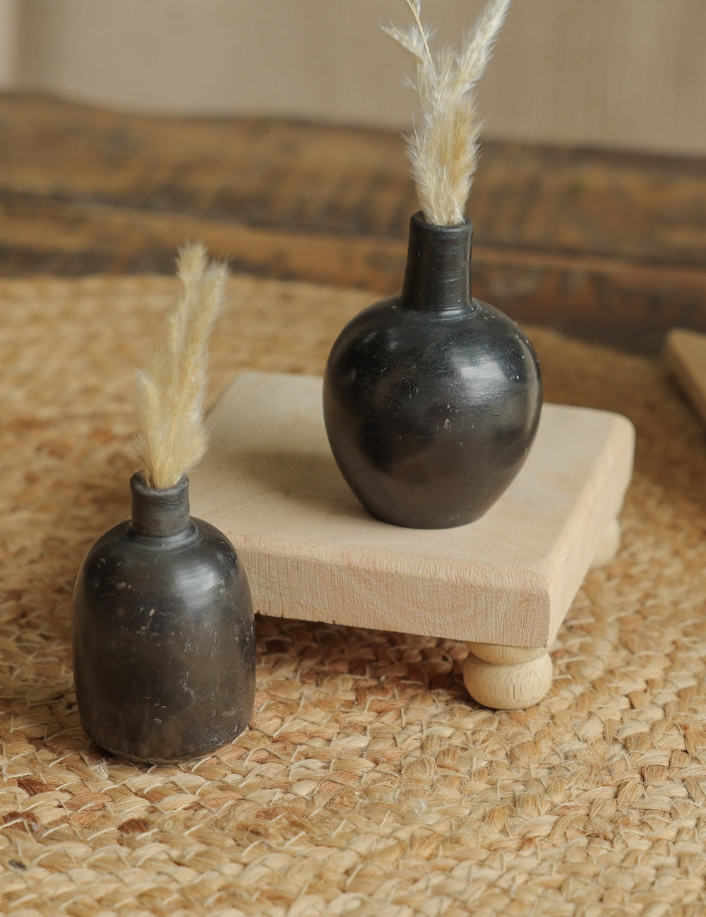 Ekaurr Set of 5 Terracotta Miniature Pots in Shiny Black Finish handcrafted small planters by Indian women artisans for console and shelf decor