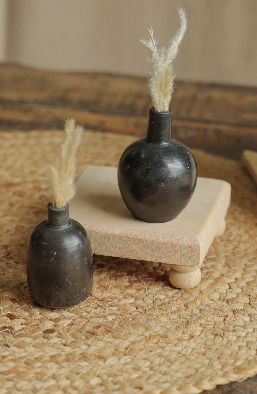 Ekaurr Set of 5 Terracotta Miniature Pots in Shiny Black Finish handcrafted small planters by Indian women artisans for console and shelf decor
