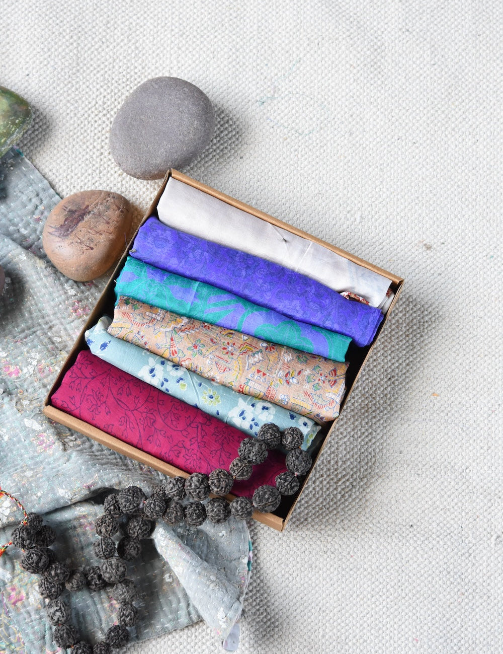 Ekaurr Set of 6 Vintage Silk Scarves in a Gift Box curated assortment of six lightweight vintage silk scarves in assorted colours and patterns, artisan heritage textile gifting set for women 