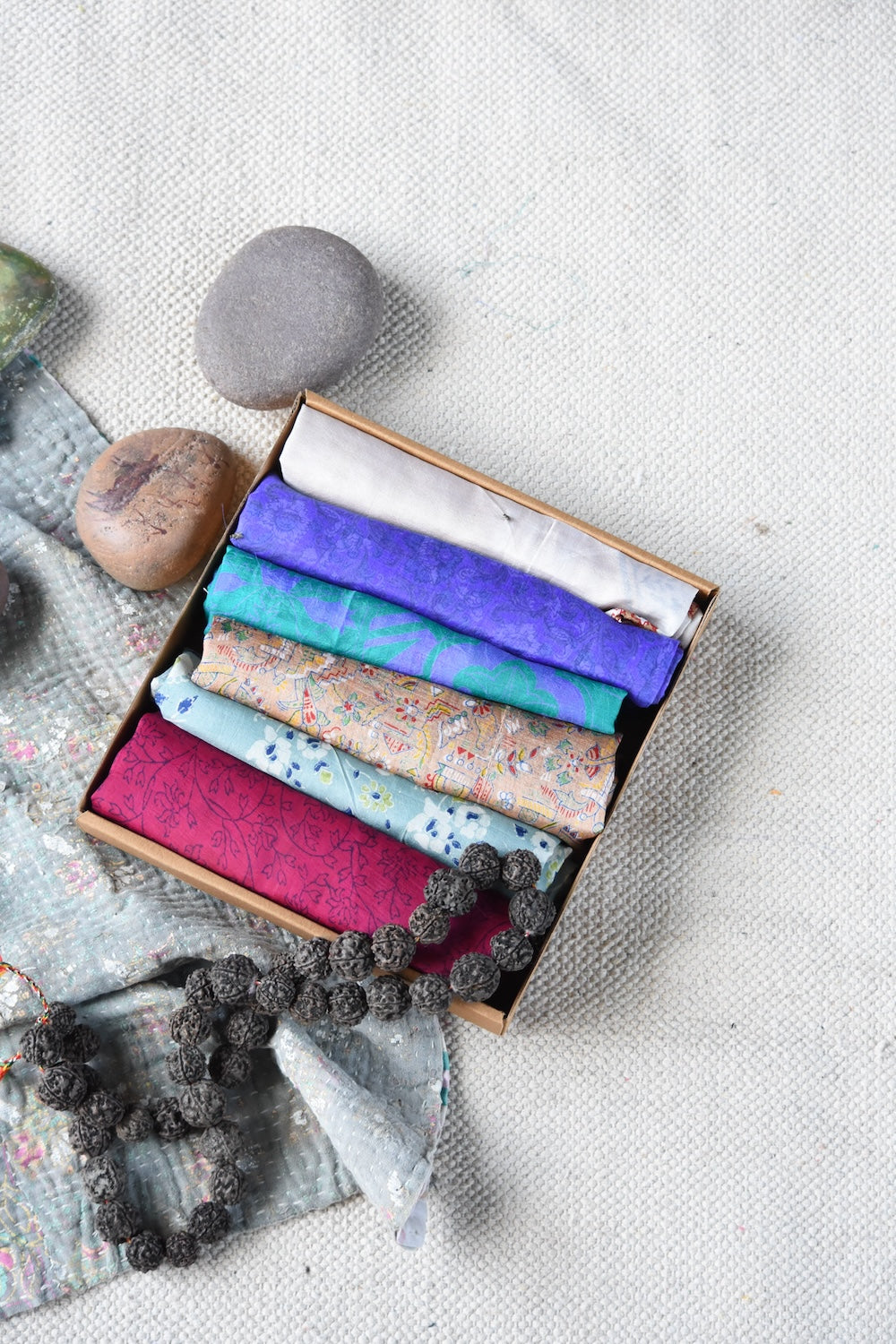 Ekaurr Set of 6 Vintage Silk Scarves in a Gift Box curated assortment of six lightweight vintage silk scarves in assorted colours and patterns, artisan heritage textile gifting set for women 