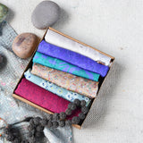 Ekaurr Set of 6 Vintage Silk Scarves in a Gift Box curated assortment of six lightweight vintage silk scarves in assorted colours and patterns, artisan heritage textile gifting set for women 