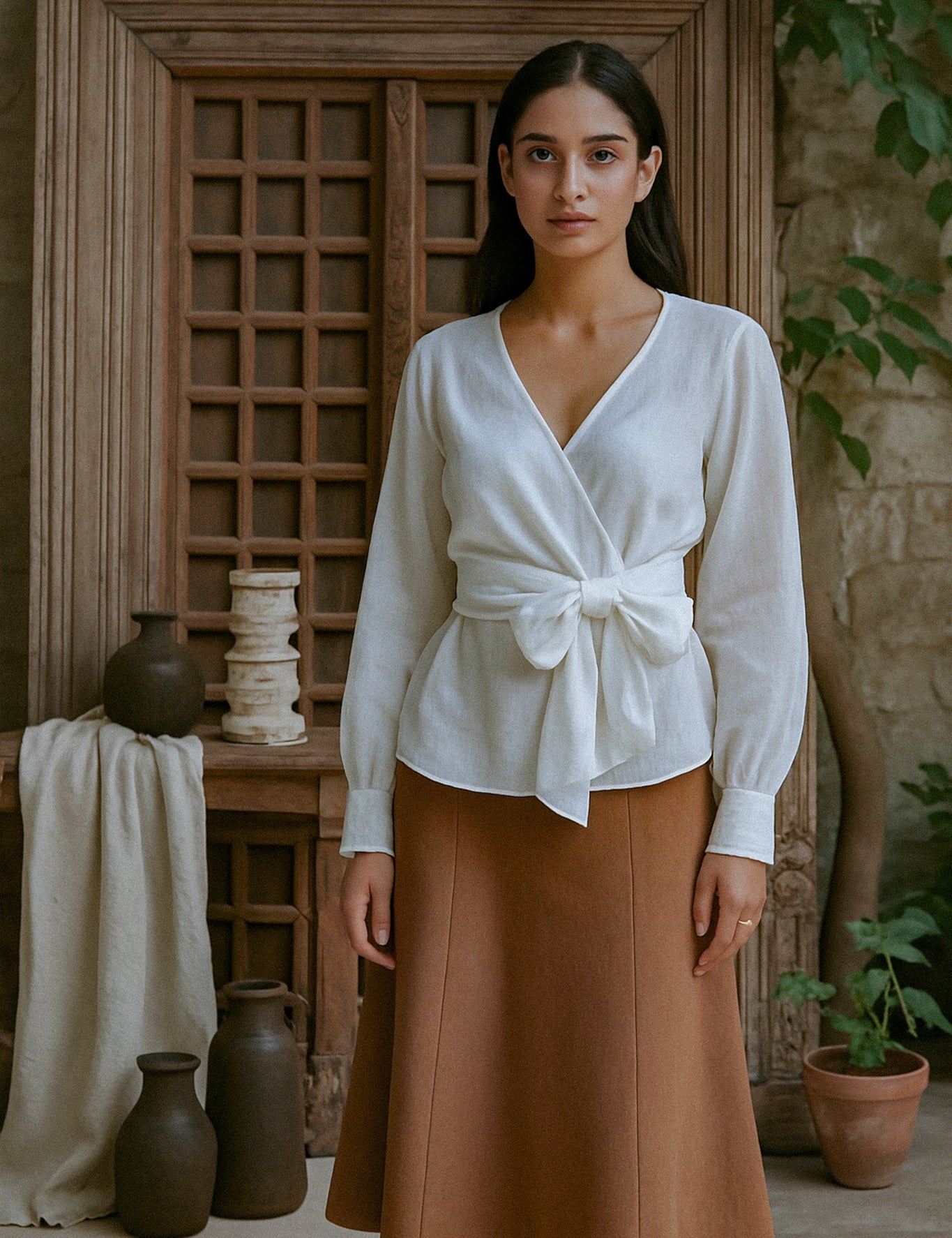 Ekaurr BIGDI Shaila Bow Cotton Top finest cotton summer top with a graceful bow-tie neckline detail in a soft pastel tone, artisan slow fashion top for women from the BIGDI summer pastel collection