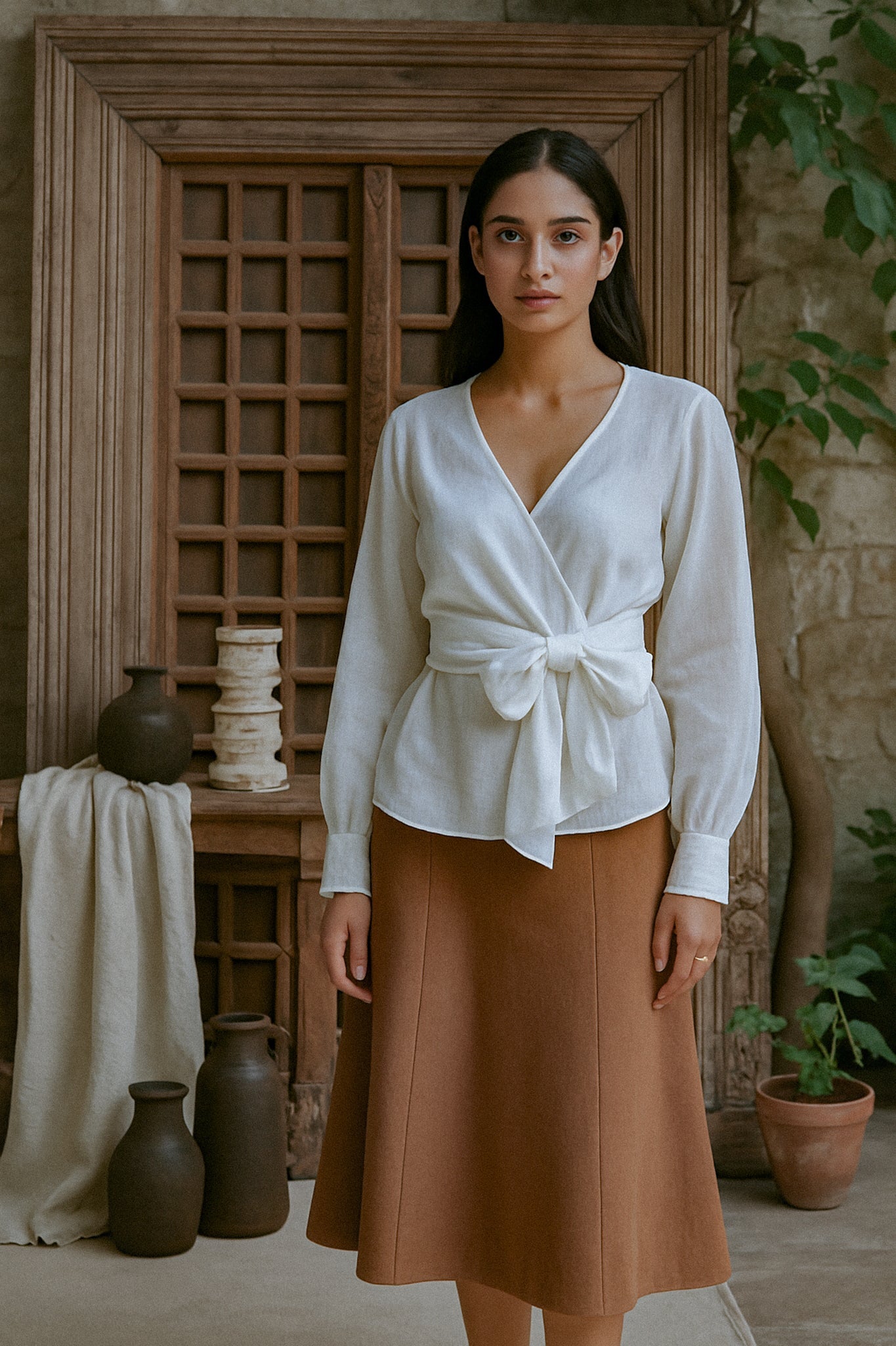 Ekaurr BIGDI Shaila Bow Cotton Top finest cotton summer top with a graceful bow-tie neckline detail in a soft pastel tone, artisan slow fashion top for women from the BIGDI summer pastel collection