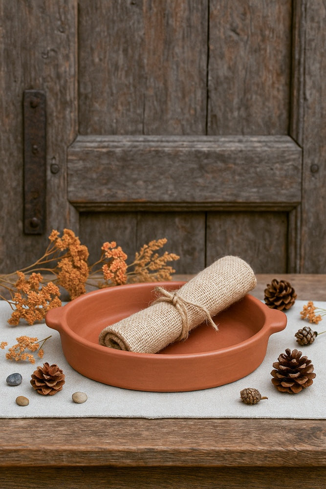 Ekaurr Shallow Handled Terracotta Platter handmade natural clay wide platter with side handles crafted by rural Indian artisans, earthy artisan serving essential for meze antipasti and conscious home dining