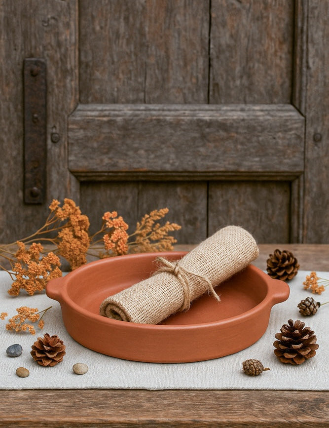 Ekaurr Shallow Handled Terracotta Platter handmade natural clay wide platter with side handles crafted by rural Indian artisans, earthy artisan serving essential for meze antipasti and conscious home dining