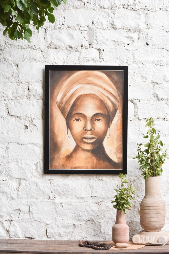 Ekaurr She Who Knows painting depicting a knowing female figure with an empowered quiet presence in rich warm tones, handcrafted figurative feminist home decor for living rooms bedrooms and curated interiors