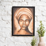Ekaurr She Who Knows painting depicting a knowing female figure with an empowered quiet presence in rich warm tones, handcrafted figurative feminist home decor for living rooms bedrooms and curated interiors