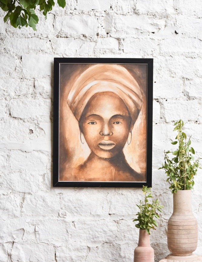 Ekaurr She Who Knows painting depicting a knowing female figure with an empowered quiet presence in rich warm tones, handcrafted figurative feminist home decor for living rooms bedrooms and curated interiors