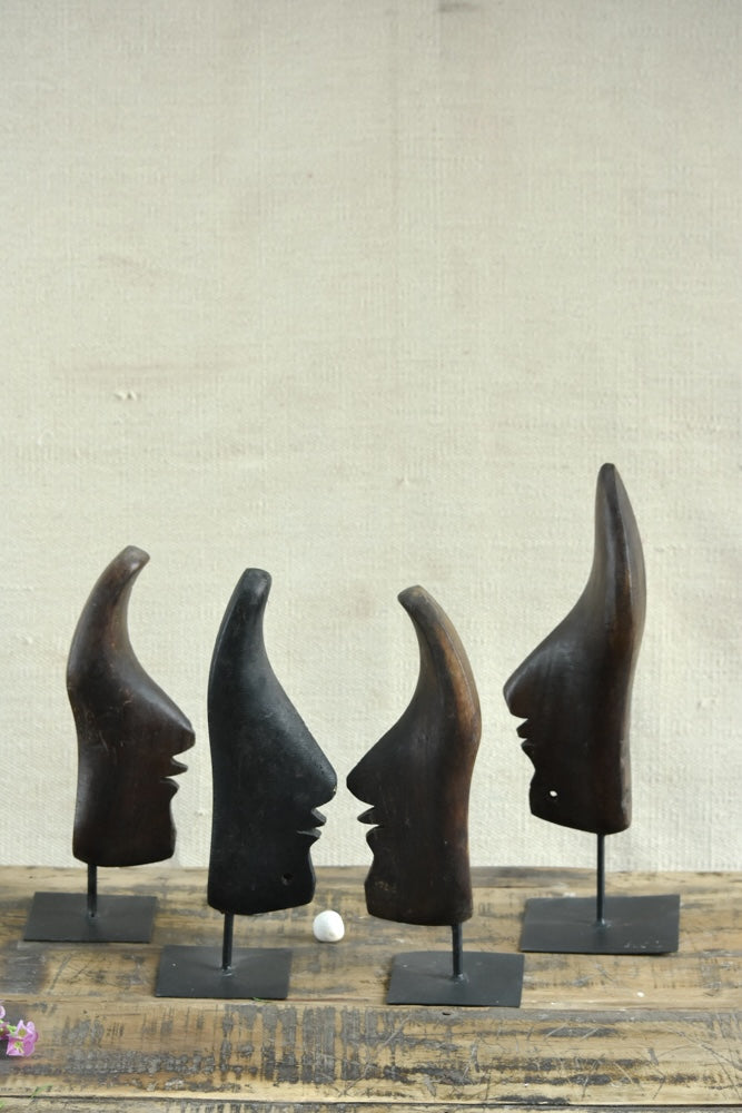 Ekaurr Shoe Mould Face Decor set of 4 vintage cobbler shoe moulds with artisan painted face expressions, upcycled found object wall or shelf display set for eclectic home decor