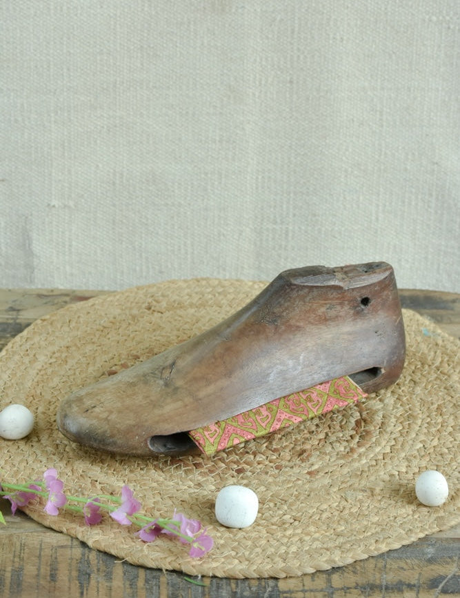 Ekaurr Shoe Mould Paper Organiser styled on a desk holding papers and stationery, rustic upcycled home office decor