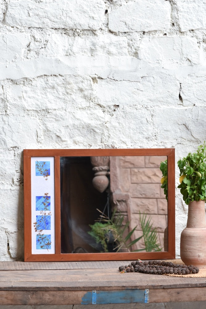 Ekaurr Sky Petals Mirror handcrafted wall mirror in a rustic teakwood frame with dried florals pressed against hand-painted indigo blue tile blocks at 25x18 inches, artisan botanical mirror for entryways and consoles