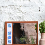 Ekaurr Sky Petals Mirror handcrafted wall mirror in a rustic teakwood frame with dried florals pressed against hand-painted indigo blue tile blocks at 25x18 inches, artisan botanical mirror for entryways and consoles