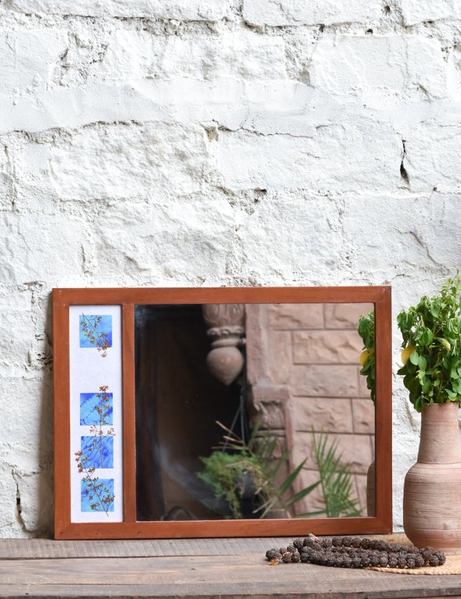 Ekaurr Sky Petals Mirror handcrafted wall mirror in a rustic teakwood frame with dried florals pressed against hand-painted indigo blue tile blocks at 25x18 inches, artisan botanical mirror for entryways and consoles