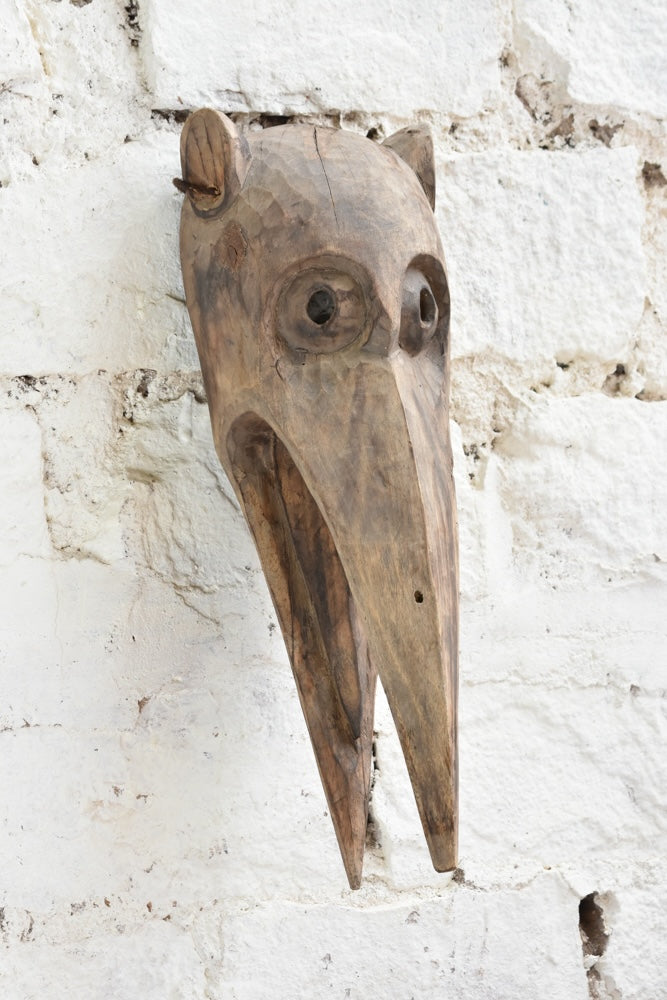 Ekaurr The Sky Watcher Mask detail view showing hand-chiselled facial carving, aged reclaimed wood texture and tribal character
