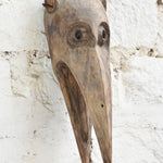 Ekaurr The Sky Watcher Mask detail view showing hand-chiselled facial carving, aged reclaimed wood texture and tribal character