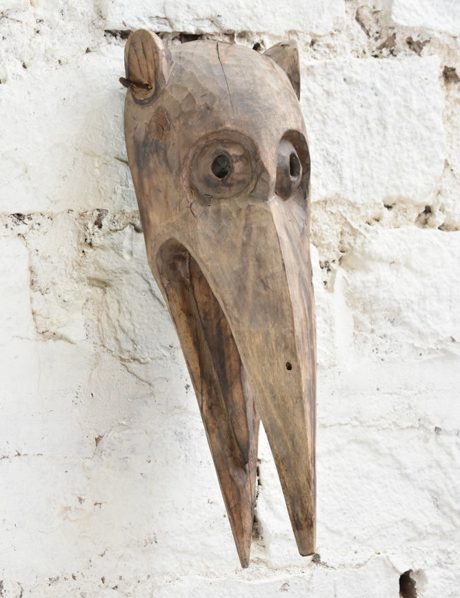Ekaurr The Sky Watcher Mask detail view showing hand-chiselled facial carving, aged reclaimed wood texture and tribal character