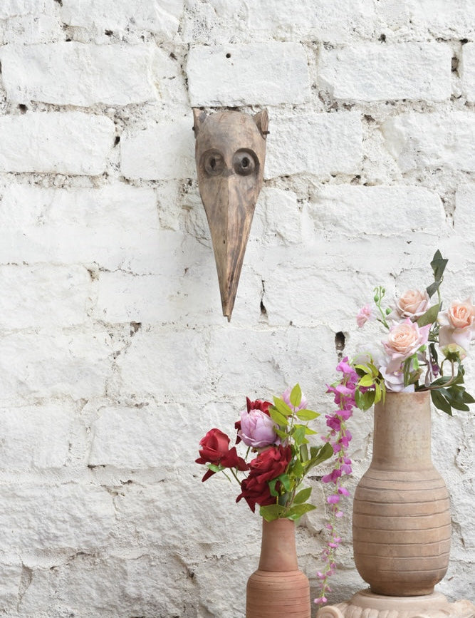 Ekaurr The Sky Watcher Mask hand-carved wooden tribal wall mask with expressive upward-gazing features, vintage one-of-a-kind sculptural home décor