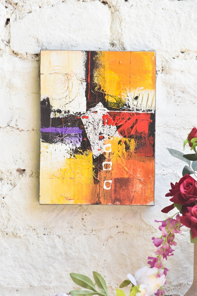 Ekaurr Solar Chords original abstract painting with warm amber orange red and violet tones animated by white linear elements and a spiral imprint suggesting musical vibration, handcrafted canvas art for living rooms and contemporary home interiors