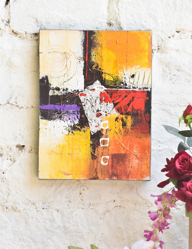 Ekaurr Solar Chords original abstract painting with warm amber orange red and violet tones animated by white linear elements and a spiral imprint suggesting musical vibration, handcrafted canvas art for living rooms and contemporary home interiors