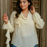 Ekaurr BIGDI Soleil Ruffle Cotton Shirt finest cotton summer shirt in sun-warm tones with a cascading ruffle detail, artisan slow fashion top for women from the BIGDI summer pastel collection