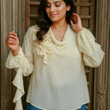 Ekaurr BIGDI Soleil Ruffle Cotton Shirt finest cotton summer shirt in sun-warm tones with a cascading ruffle detail, artisan slow fashion top for women from the BIGDI summer pastel collection