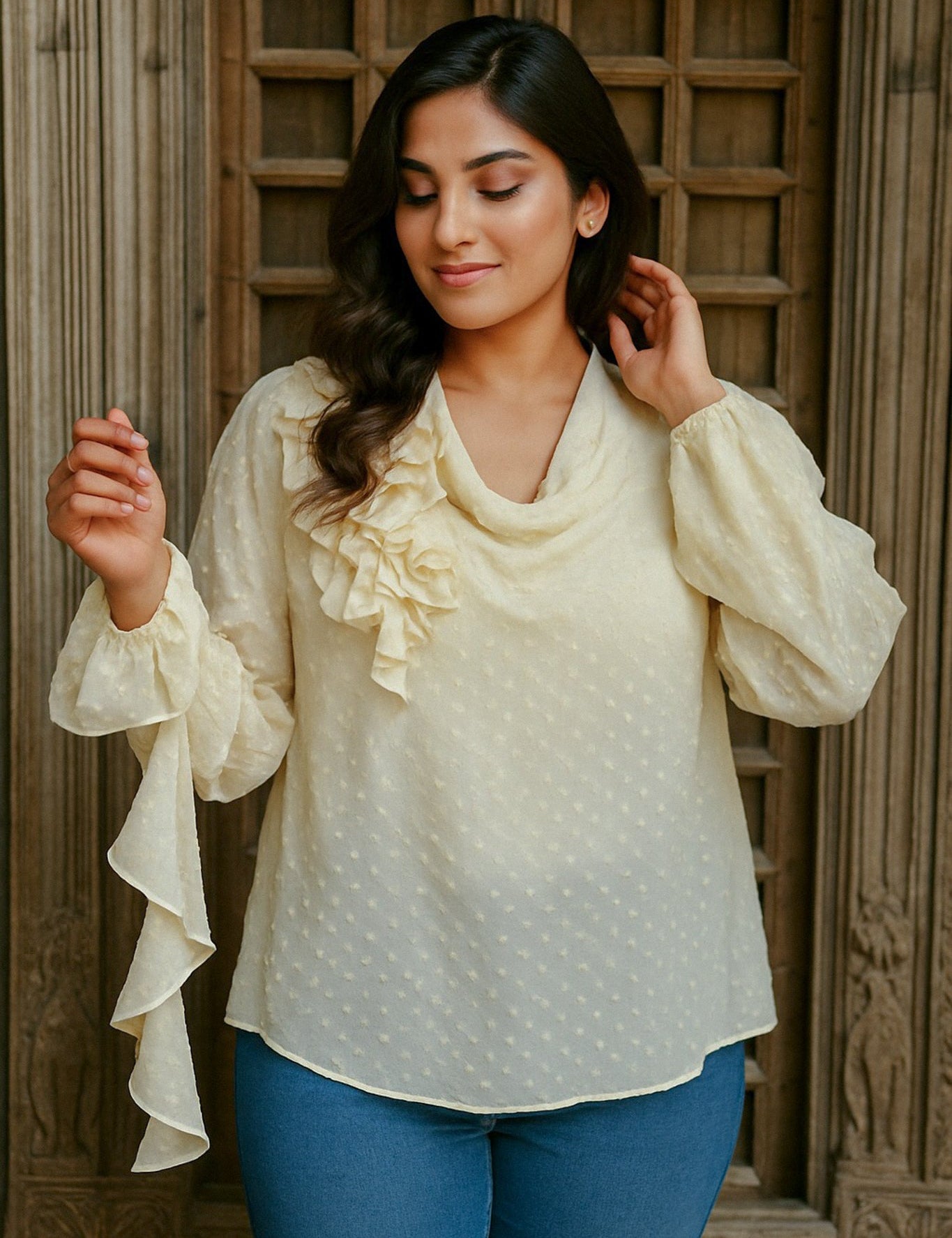 Ekaurr BIGDI Soleil Ruffle Cotton Shirt finest cotton summer shirt in sun-warm tones with a cascading ruffle detail, artisan slow fashion top for women from the BIGDI summer pastel collection