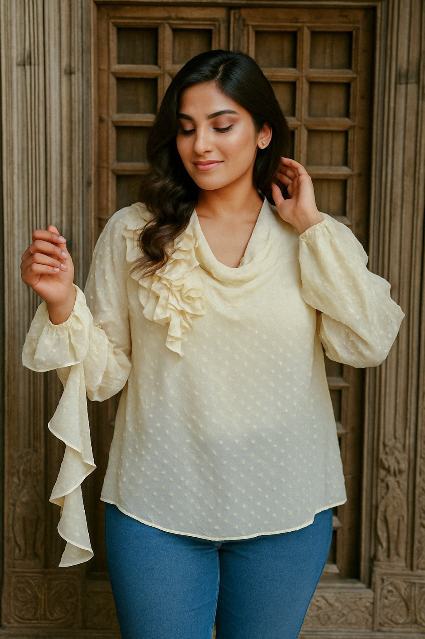 Ekaurr BIGDI Soleil Ruffle Cotton Shirt finest cotton summer shirt in sun-warm tones with a cascading ruffle detail, artisan slow fashion top for women from the BIGDI summer pastel collection