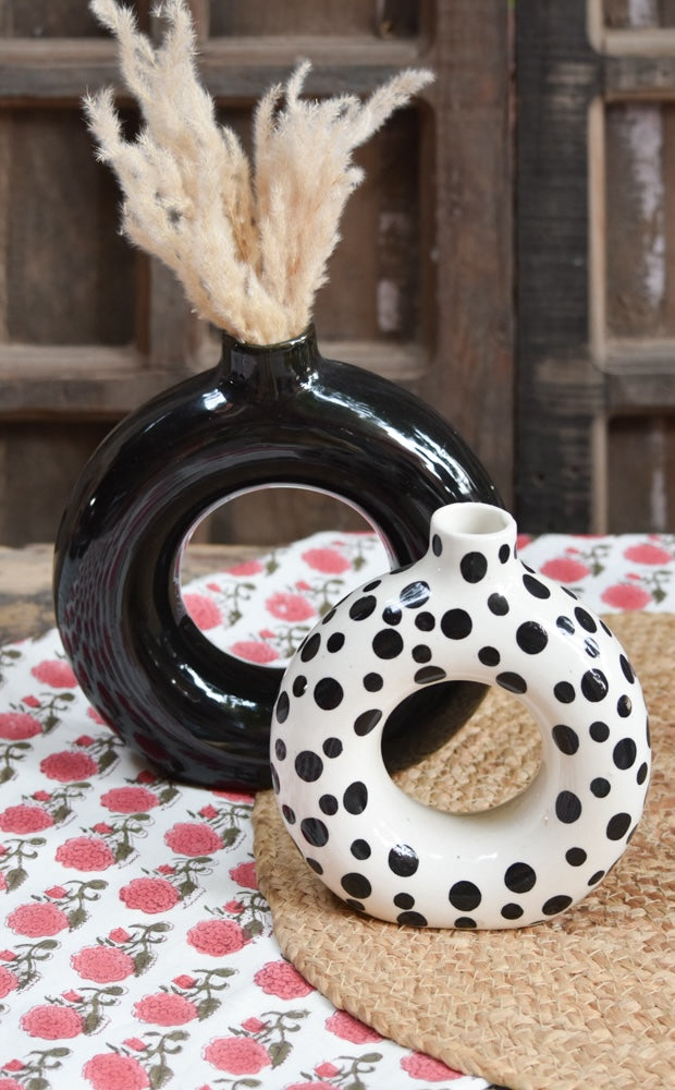 Ekaurr Solid Black Vase hand-glazed ceramic by charity artist Liora, bold matte black finish single ceramic vase made in India with revenue donated to charity