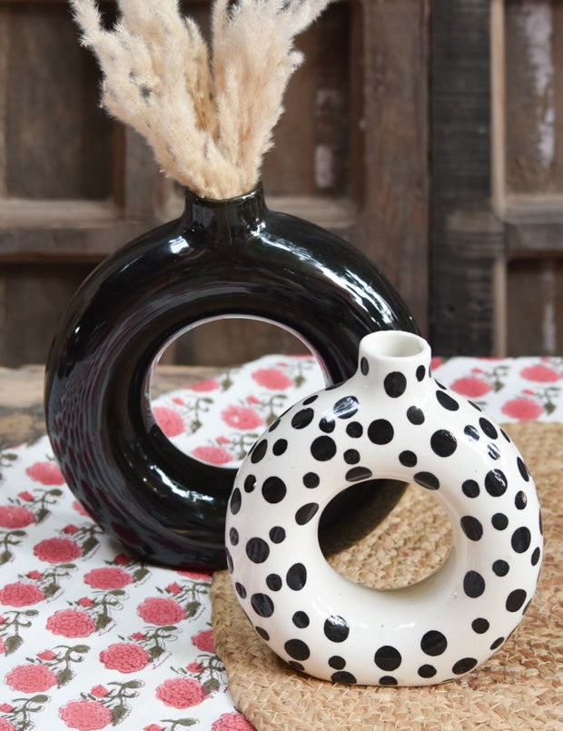 Ekaurr Solid Black Vase hand-glazed ceramic by charity artist Liora, bold matte black finish single ceramic vase made in India with revenue donated to charity