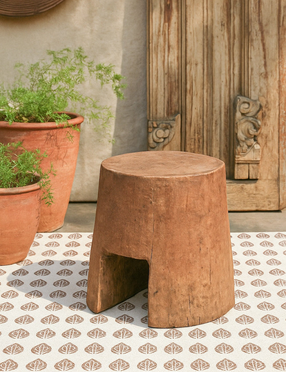 Ekaurr Solid Wood Chiseled Tapered Stool handcrafted solid wood stool with hand-chiselled tapered leg form and natural earthy finish, artisan rustic seating or display pedestal for home interiors
