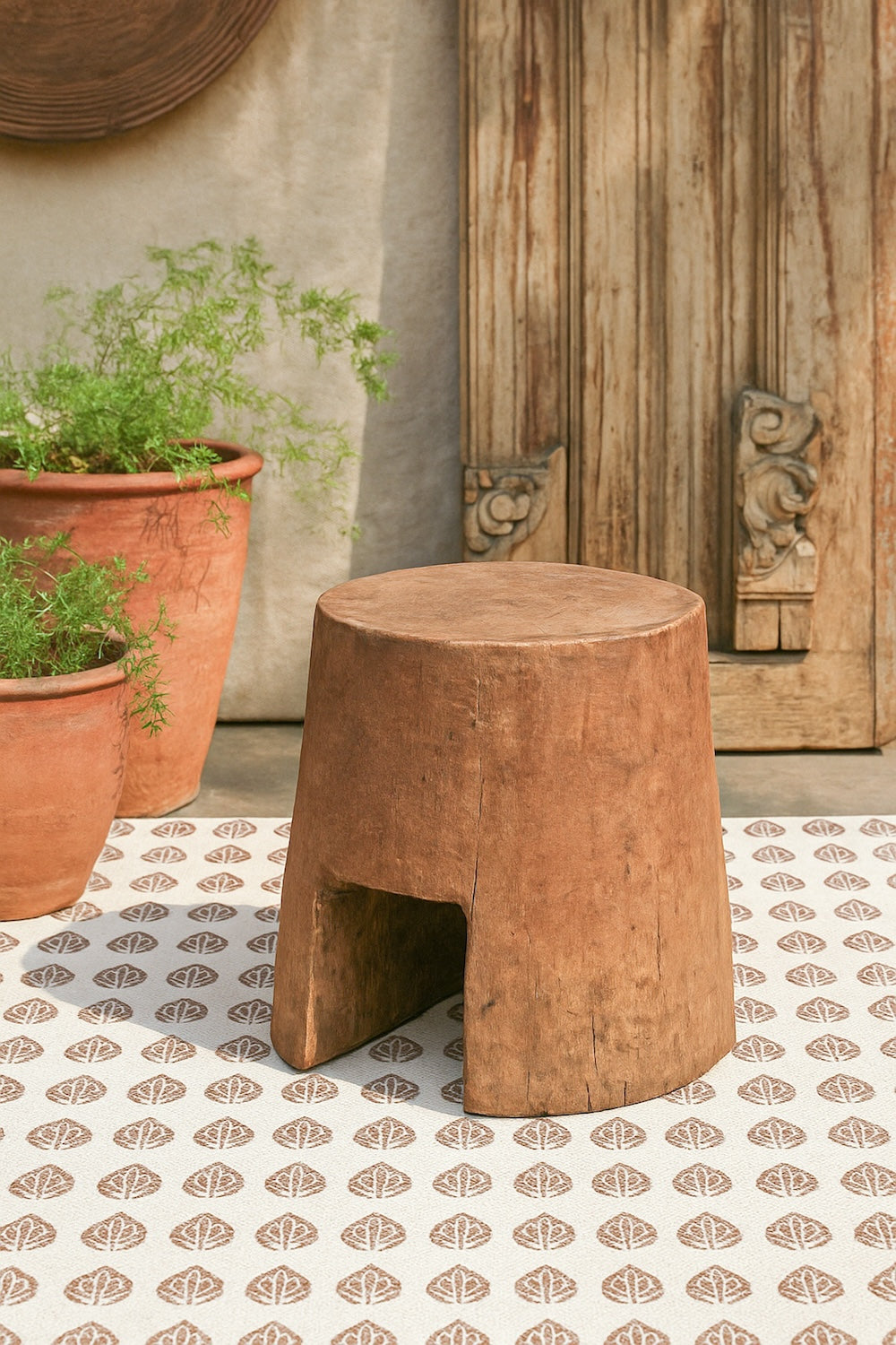 Ekaurr Solid Wood Chiseled Tapered Stool handcrafted solid wood stool with hand-chiselled tapered leg form and natural earthy finish, artisan rustic seating or display pedestal for home interiors