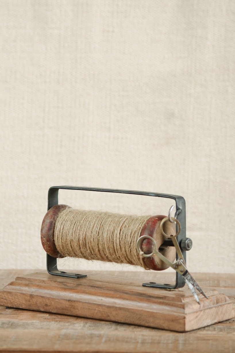 Ekaurr Spool with Jute Rope and Scissors vintage wooden thread spool styled with jute rope and old scissors, artisan craft-inspired found object display for desks shelves and eclectic home decor