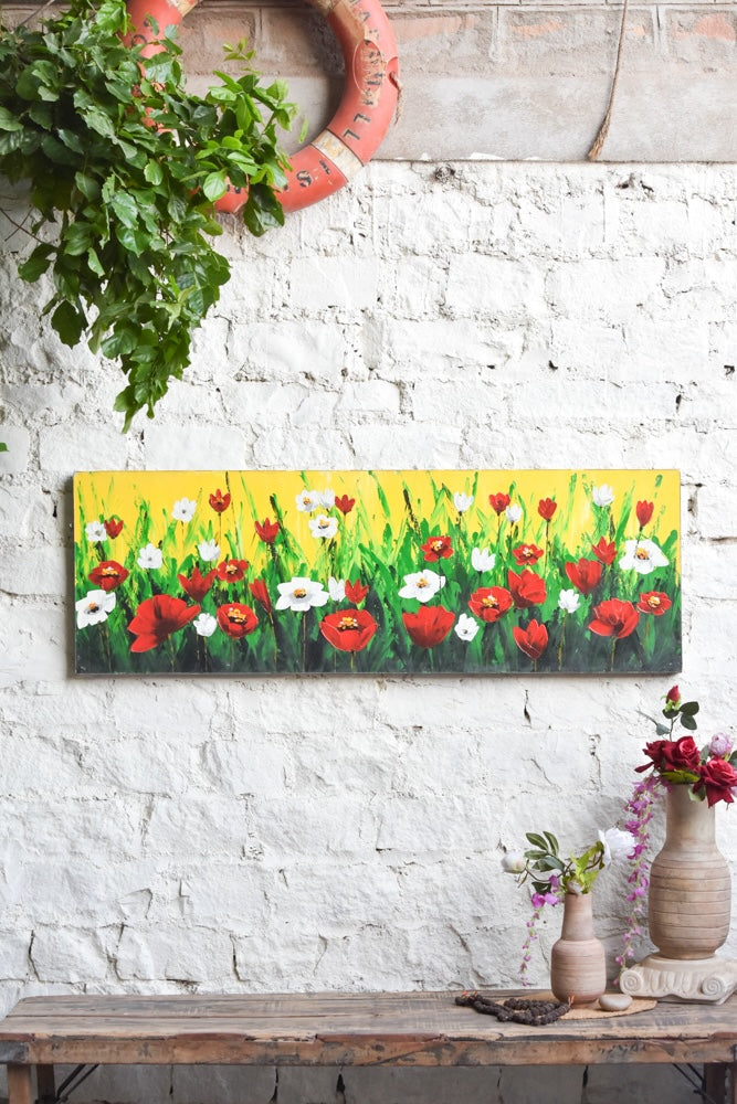 Ekaurr Spring Field painting with a fresh open meadow composition in greens yellows and soft blooms, handcrafted nature-inspired landscape home decor for living rooms and bright airy interior styling