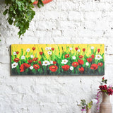 Ekaurr Spring Field painting with a fresh open meadow composition in greens yellows and soft blooms, handcrafted nature-inspired landscape home decor for living rooms and bright airy interior styling