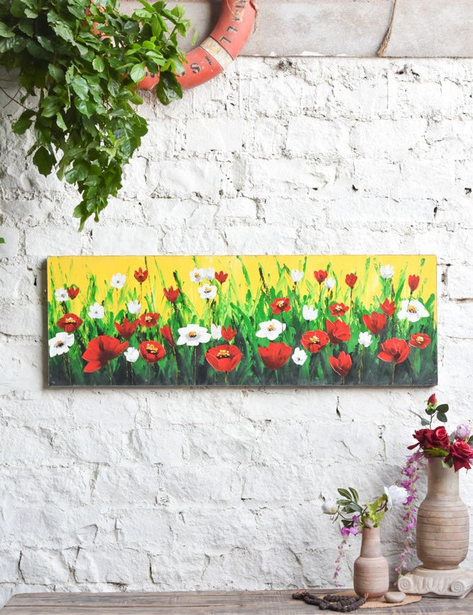 Ekaurr Spring Field painting with a fresh open meadow composition in greens yellows and soft blooms, handcrafted nature-inspired landscape home decor for living rooms and bright airy interior styling