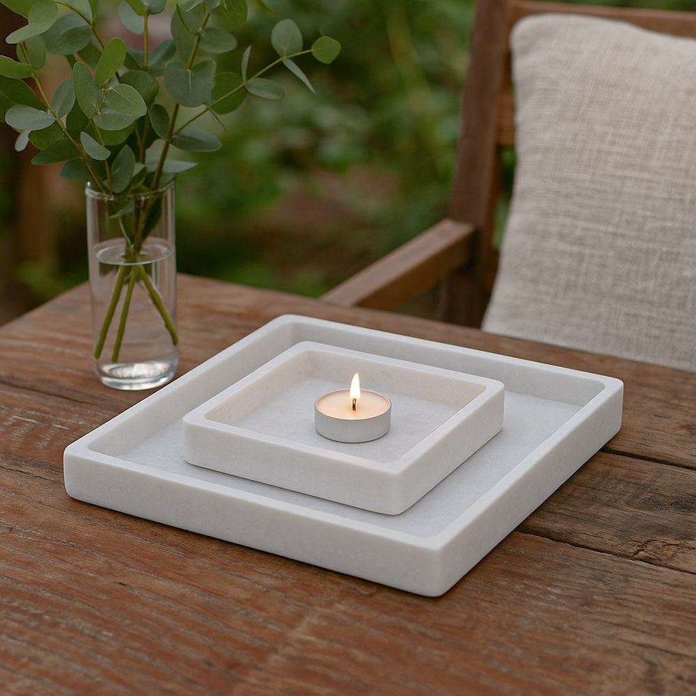 Ekaurr Square Marble Tray polished natural marble square tray with subtle natural veining, luxury artisan stone serving or display tray for vanities dining tables and refined home styling