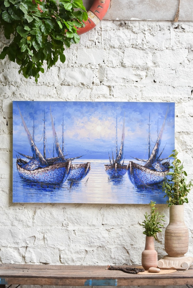 Ekaurr Still Waters painting with a tranquil water landscape in cool deep blue and reflective silver tones, handcrafted meditative landscape home decor for living rooms bedrooms and peaceful interior spaces