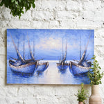 Ekaurr Still Waters painting with a tranquil water landscape in cool deep blue and reflective silver tones, handcrafted meditative landscape home decor for living rooms bedrooms and peaceful interior spaces