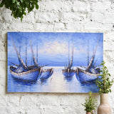 Ekaurr Still Waters painting with a tranquil water landscape in cool deep blue and reflective silver tones, handcrafted meditative landscape home decor for living rooms bedrooms and peaceful interior spaces